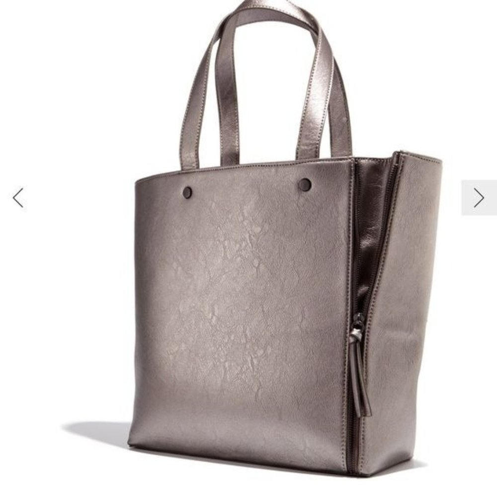 Neiman Marcus Gunmetal metallic grey zipper Large tote NEW